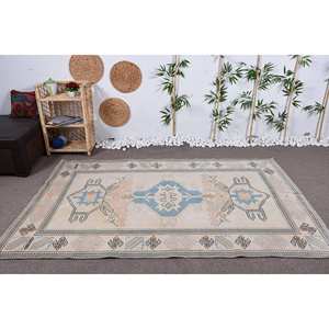 Tapis Vintage Bohème Bleu Beige Turc 5.1X7.7 ft Handmade Wool Latex Backing Patchwork Couloir Rectangle Pattern Bedside Rug - Product Image 1