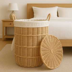 Handwoven <b>Round</b> Wicker Rattan Storage <b>Baskets</b> with Handles Stylish & Practical for Shoes, Laundry, and Home Organization - Product Image 4
