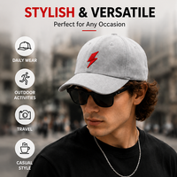 Gorra de Béisbol Premium de Gamuza con Rayo Bordado, Estilo Dad Hat, Gris, Tela Suave, Estética Urbana, Personalizable