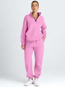 <b>Pink</b> Women's Sweatsuits 2 Piece Outfits Long Sleeve Half Zip Pullover and Baggy Sweat Pants with Pockets Breathable - Product Image 5