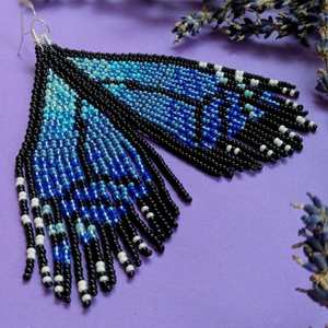 <b>Blue</b> Morpho Butterfly <b>Beaded</b> Earrings Long Handmade Jewelry <b>Blue</b> <b>Beaded</b> Earrings Butterfly Wing Jewelry Boho Butterfly Earrings - Product Image 3