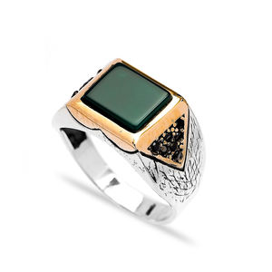 แหวนหินอาเกตเหลี่ยมสีเขียวทรงกลม,แหวนผู้ชายแบบออตโตมันแหวนผู้ชายแบบตุรกีทำด้วยมือขายส่งแหวนเงินแท้ - Product Image 1