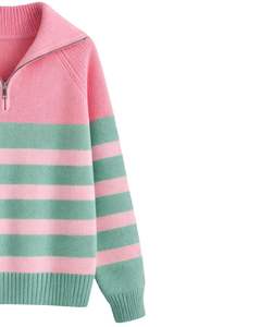 Manufacturer Customized Men Quarter Zip Knit Sweater Pink And Mint Green Striped Soft Knit Warm Winter Casual Pullover Custom - Product Image 3