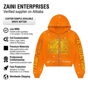 Women Zipper Hoodie 420 GSM Premium Cotton Polyester <b>Fleece</b> <b>Orange</b> Custom Embroidery Rhinestone Puff Print DTF Logo OEM ODM - Product Image 1