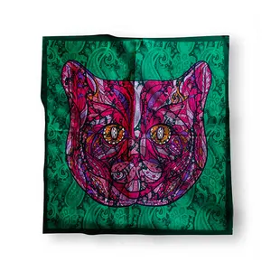 Good Supplier Silk Scarf Green And Fucsia Cat Customizable Woman Accessories Ready To Wear For Birthday Dinner