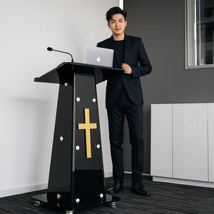Podium kaca hitam dengan rak penyimpanan portabel, ruang konferensi Pulpit gaya Podium lintas Podium - Product Image 1