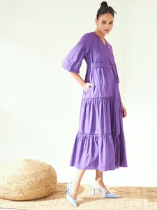 Holiday Boho Summer Dress Plus Size Purple Midi Length with Belt 100% Cotton Maxi Dress Natural Waistline Solid Pattern - Product Image 2