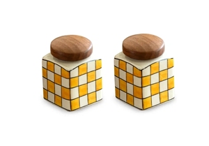 Shatranj Checkered Multi-Purpose Storage <b>Jars</b> & Containers In Ceramic With Wooden Holder Set of 2 Hand-Embossed Airtight - Product Image 4