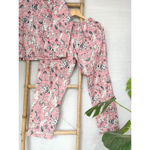 Hand-Block Printed Indian Cotton Pyjama Set Pastel Rose Floral Soft Woven Nightwear for Spring Season - Product Image 3