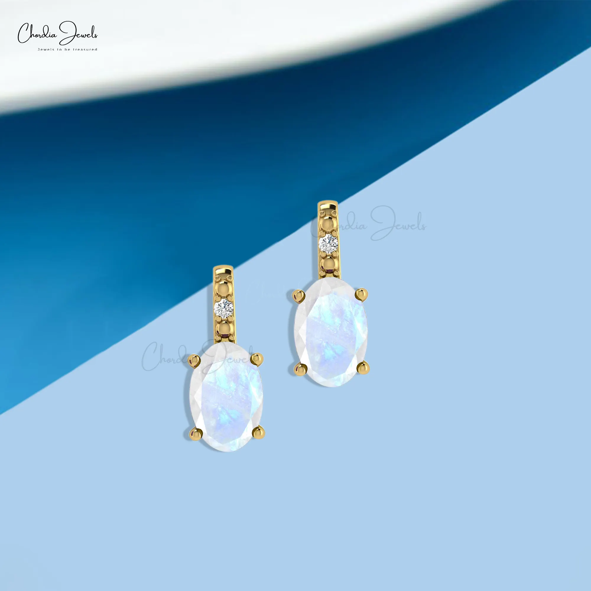 Cầu Vồng Moonstone với kim cương có dấu Stud bông tai 6x4mm hình bầu dục cắt đá quý Bông tai 14k vàng prong Set đồ trang sức tại nhà máy giá