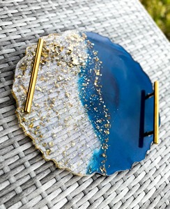 Plateau en résine blanc perlé avec poignées dorées et flocons d'aluminium Plateau de décoration artistique fait main pour table d'Inde - Product Image 6