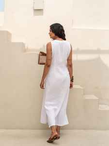 Vêtements personnalisés d'usine 100% coton taille naturelle longueur au sol col en V sans manches lâche été bord de mer élégante robe Maxi coréenne - Product Image 5