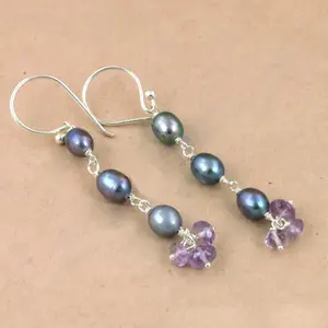 Boucles d'oreilles pendantes en argent 925 avec perle et améthyste, cadeau pour femme - Product Image 1