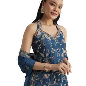 All'ingrosso blu filo di lavoro Sharara tuta con Dupatta per la festa di nozze indossare ricevimento festivo e ordini etnici personalizzati - Product Image 5