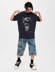 Streetwear T-shirt décontracté 100% coton solide motif avant Logo coupe ample tissu tricoté - Product Image 4