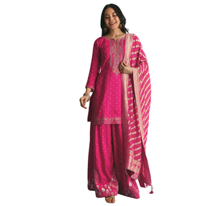 Rani Pink Russian <b>Silk</b> <b>Kurta</b> Palazzo With Banarasi Dupatta Wholesale Women Ethnic Apparel OEM Factory Supplier Custom Outfit - Product Image 2