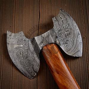 Hache à double lame en acier Damas faite à la main, de haute qualité, forgée, hache de combat viking, manche en bois de rose, étui en cuir, haches DIY - Product Image 5