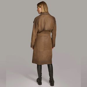 Veste en cuir véritable de haute qualité pour femmes grande taille Trench-Coat long avec décoration de boutons de style décontracté et doublure en soie - Product Image 3