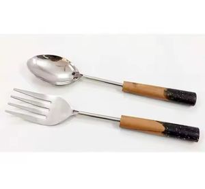 Cuillère à salade en acier inoxydable de haute qualité avec manche en bois et en marbre pour hôtel nourriture Dessert servant vaisselle cuillère Design Simple - Product Image 5