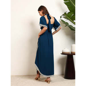 Deebaco Women's Navy Blue Chiffon Maxi <b>Dress</b> With Contrast Binding Cap Sleeve A-Line Boho Style Loose Fit Summer Casual <b>Dress</b> - Product Image 4