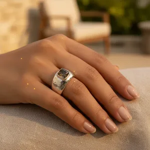 "Handmade Rhodium-Plated 925 Silver Smoky <b>Quartz</b> Square Stone Fine Jewelry <b>Ring</b> for Women-GRS Certified" - Product Image 1