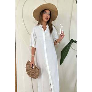 Robe midi unie en lin 100% blanc avec taille naturelle - Manches courtes respirantes - Product Image 3