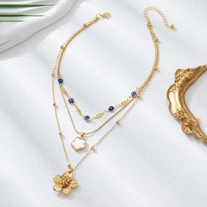 Collier à chaîne à maillons superposés pour femmes, pendentif fleur en alliage d'or, nouveau style - Product Image 2