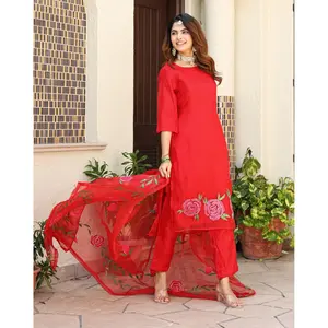 Bhumi Women'<b>s</b> Handpainted Organza <b>Suit</b> Set in Red Sizes XS-5XL Thread & Button - Product Image 2