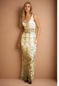 Robe cintrée vintage élégante sur toute la longueur en maille poly sans manches col en V gaine perlée brodée paillettes motif cristal - Product Image 3