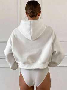 <b>Stand</b> Collar Women's Hoodie Printed Solid Fleece Fabric Breathable Eco-Friendly Winter <b>Drop</b> Shoulder Front Logo 100% Cotton - Product Image 2