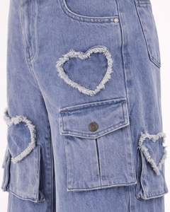 Pantalones Vaqueros Cargo de Cintura Alta y Pierna Ancha para Mujer, Personalizados por el Fabricante, con Parche de Corazón Azul, Multibolsillos, Estilo Urbano - Product Image 5
