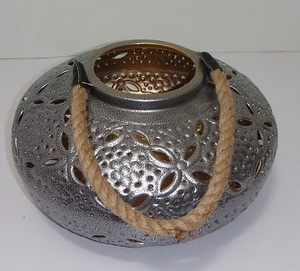 Antique Silver Metal Lantern Floral Cutout Votive Holder with Jute <b>Rope</b> Handle Decorative Tabletop Lantern Home Wedding Lantern - Product Image 1