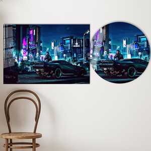 Impresión en lienzo de paisaje urbano cyberpunk: decoración moderna para sala de juegos, arte en vidrio templado - Product Image 1