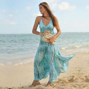 Robe maxi longue sexy dos nu en tissu rayonne 100% pour femmes, style bohème plage, bleu ciel tie-dye, taille unique, pour les vacances à la plage - Product Image 1