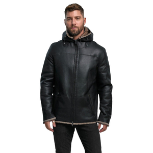 Custom Men Genuine Sheep Skin Winter Jacket Hooded Zip Outerwear Sherpa Lined Warm Eco-Friendly Breathable Casual <b>Coat</b> OEM - Product Image 5