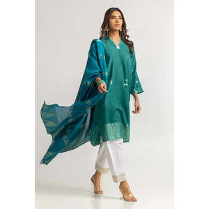 Blusa de Mujer en Jacquard Teñido Azul Menta con Dupatta, Camisa Elegante - Product Image 2