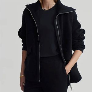Veste noire Sherpa à glissière pour femmes à la mode polaire douce et confortable pour des vêtements d'hiver décontractés - Product Image 6