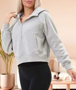 Haute qualité femmes confortable demi-fermeture éclair pull à capuche sweat à manches longues Style court personnalisé brodé imprimé - Product Image 3