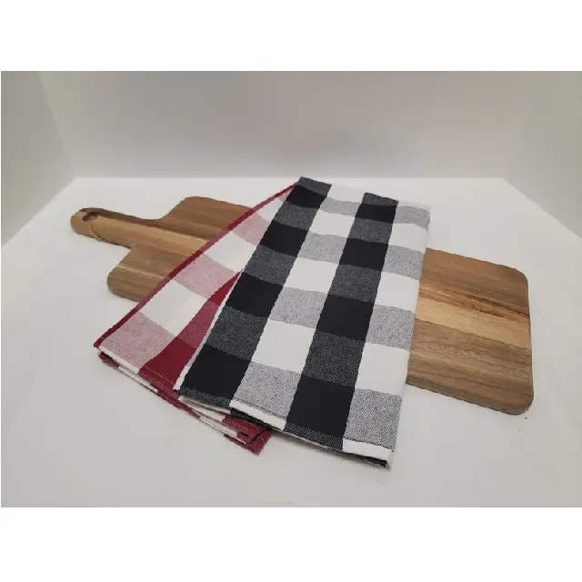 Handgemaakte Franse Stijl Linnen Rood Zwart Wit Buffel Plaid Gingham Geruite Theedoek Met Haak Tag Puur Katoenen Keuken Linnen Handdoeken