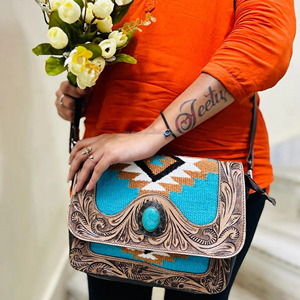 2025 nouveau sac en cuir usiné aztèque occidental Vintage coloré sac en pierre Turquoise Unique sacs à main en cuir matelassé aztèque - Product Image 2