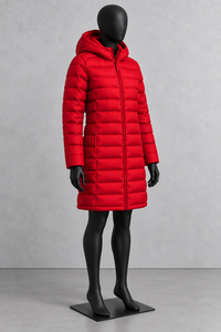 Abrigo Largo Acolchado Rojo para Mujer con Capucha, Cierre de Cremallera, Chaqueta de Invierno Cortavientos, Manga Larga, Relleno de Poliéster - Product Image 4
