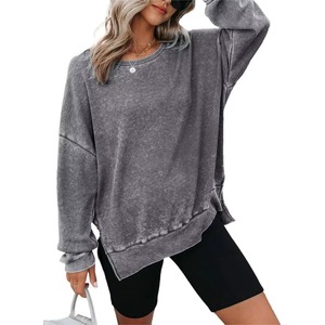 Confortable femmes surdimensionné gaufré tricot col rond sweats à manches longues fentes latérales pull décontracté sweat hauts - Product Image 1
