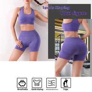 Trois quarts Fitness Yoga Shorts haute mat Nylon trois sections taille froncé hanche-levage sans couture solide soutien-gorge ensemble respirant - Product Image 3