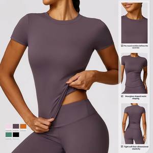 Camiseta deportiva superelástica con cuello redondo para mujer, camisetas de Yoga de secado rápido ajustadas, ropa deportiva para gimnasio y entrenamiento - Product Image 3