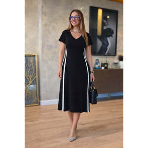 Robe midi à manches courtes et col en V pour femme avec détail rayé sur le côté, viscose à deux fils, 37559 - Noir - Product Image 4