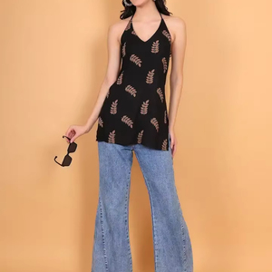 Floral Printed Halter Neck Sleeveless Backless Organic Lightweight Denim <b>Fabric</b> Summer Fashion Black Brown Straight Women Girls - Product Image 1