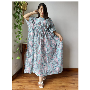 Custom made Floral Cotton <b>Kaftan</b> Maxi Dress-V-Neck Summer Loungewear for <b>Women</b> suitable for boutique client and garment reseller - Product Image 1