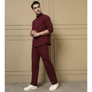 Amanush <b>Men's</b> Maroon Cotton Solid Co-ord Set Full Sleeve Mandarin Collar Kurta With Pants Casual Summer Daily Wear 2 Piece Set - Product Image 3