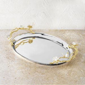 Premium Ginkgo Metal <b>Serving</b> <b>Tray</b> Decorative Oval <b>Tray</b> with <b>Gold</b> Tone Leaf Handles for Tabletop Home Decor Gift Giving - Product Image 2