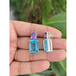 925 Sterling Silver <b>Drop</b> <b>Earrings</b> with Blue Topaz & Amethyst Fashion Jewelry - Product Image 3